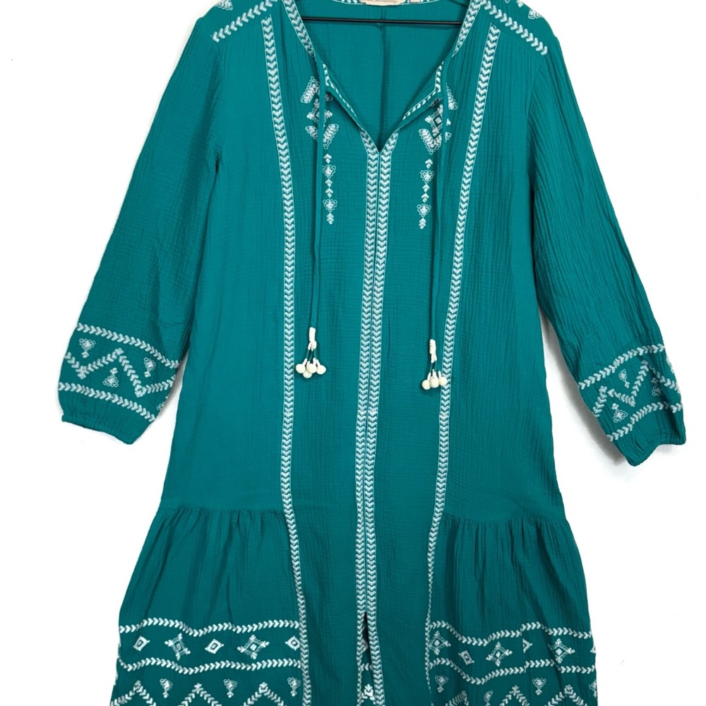 Soft Surroundings Size Medium Dress Teal Peasant Long Sleeves Embroidery